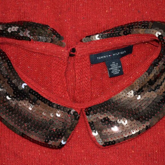 TOMMY HILFIGER Women's Sequin Collar Red Sweater Size M - Picture 4 of 8